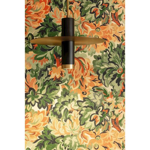 Virágos Jacquard minta modern átiratban világoszöld antracit őszi színek - zöld narancs rozsdabarna és lángoló-korall tónus tapéta