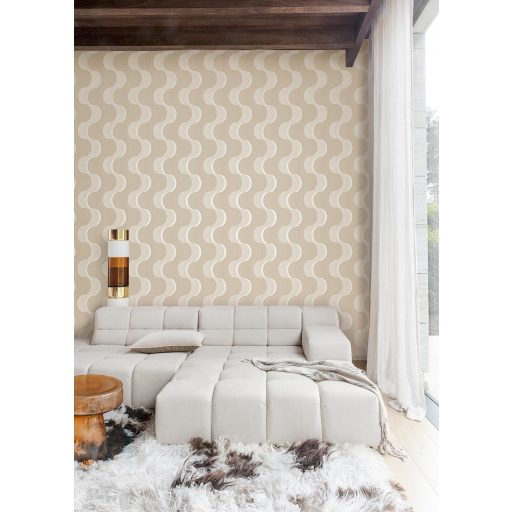 Hullámzó formák szalagszerű karakteres grafikus dizájnja bézs szürkésbézs és holdfény-gyöngyház tónus tapéta