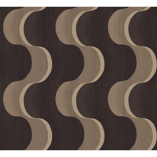 Hullámzó formák szalagszerű karakteres grafikus dizájnja sötétbarna antracit és fémes bézsarany/arany tónus tapéta