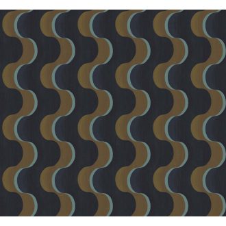   Hullámzó formák szalagszerű karakteres grafikus dizájnja éjkék barna és fémes türkizes-pezsgő tónus tapéta