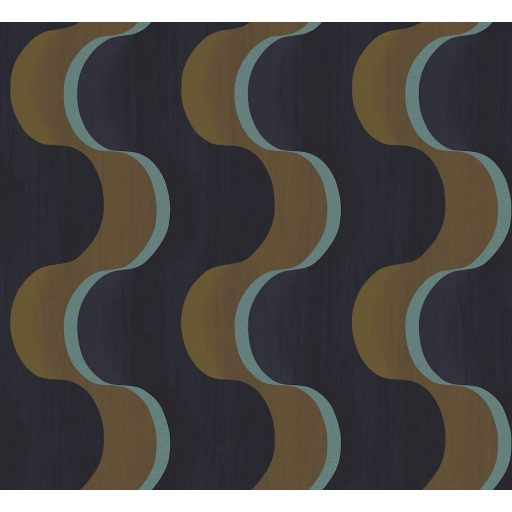 Hullámzó formák szalagszerű karakteres grafikus dizájnja éjkék barna és fémes türkizes-pezsgő tónus tapéta