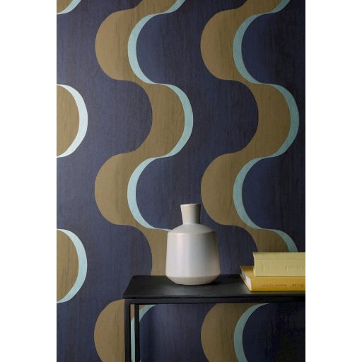 Hullámzó formák szalagszerű karakteres grafikus dizájnja éjkék barna és fémes türkizes-pezsgő tónus tapéta