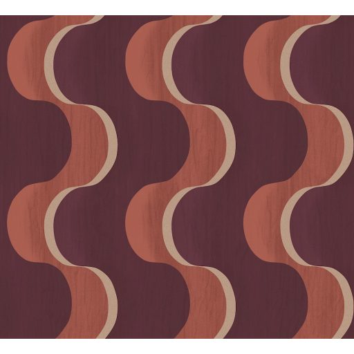 Hullámzó formák szalagszerű karakteres grafikus dizájnja vörösesbarna lila és fémes bézsarany tónus tapéta