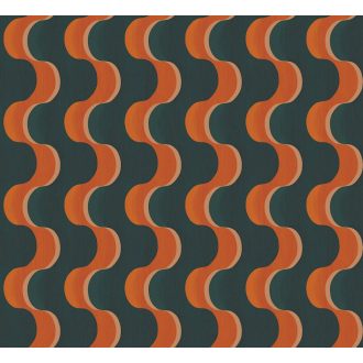   Hullámzó formák szalagszerű karakteres grafikus dizájnja sötét teal (zöldeskék) narancsos-barna és fémes bézsarany tónus tapéta