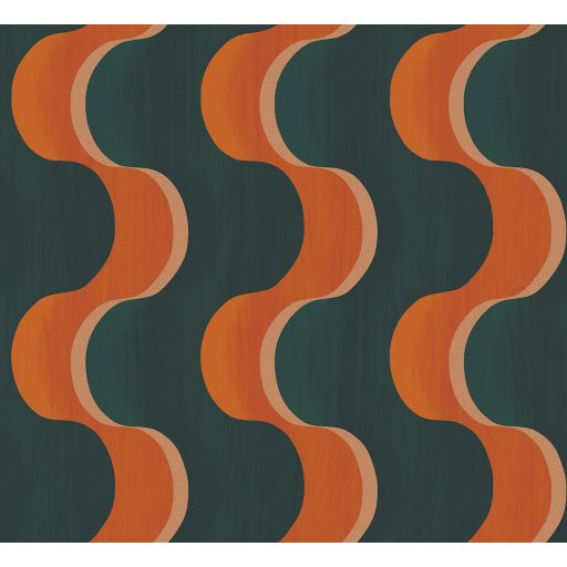 Hullámzó formák szalagszerű karakteres grafikus dizájnja sötét teal (zöldeskék) narancsos-barna és fémes bézsarany tónus tapéta