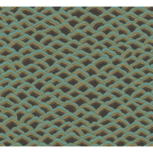 Apró dombok vagy fenyőtobozok pikkelyei? Művészi hullámos motívum antracit bézs barna türkiz és zöldarany tónus tapéta