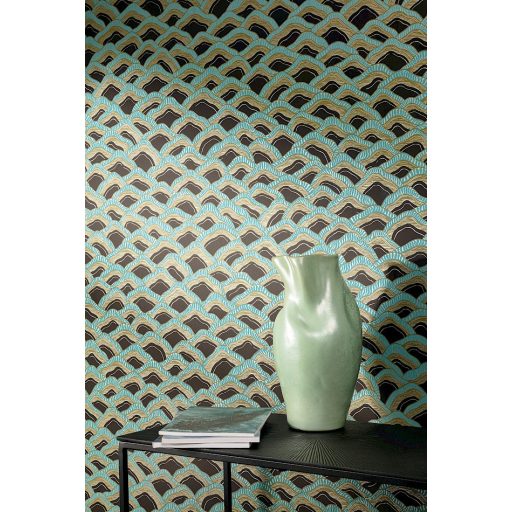 Apró dombok vagy fenyőtobozok pikkelyei? Művészi hullámos motívum antracit bézs barna türkiz és zöldarany tónus tapéta