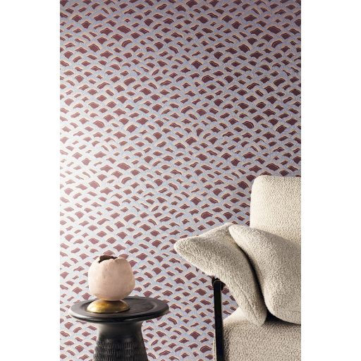 Apró dombok vagy fenyőtobozok pikkelyei? Művészi hullámos motívum bordó kék aranybarna és gyöngyház tónus tapéta