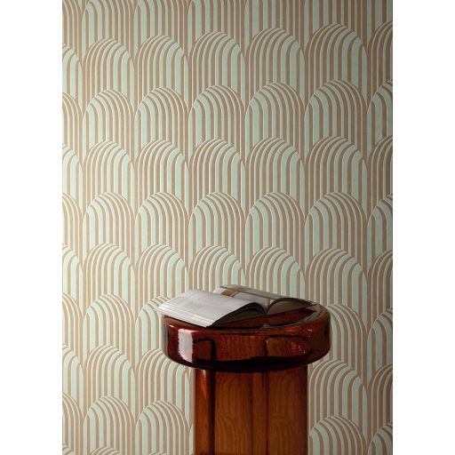 Optikai illúzió! Kontrasztos fényű finom árnyékolású 3D Art deco design jádezöld és karamellbarna tónus tapéta