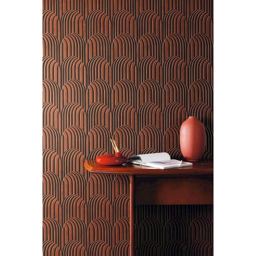Optikai illúzió! Kontrasztos fényű finom árnyékolású 3D Art deco design terrakotta/vörösesbarna mogyoróbarna fémes réz tónus tapéta
