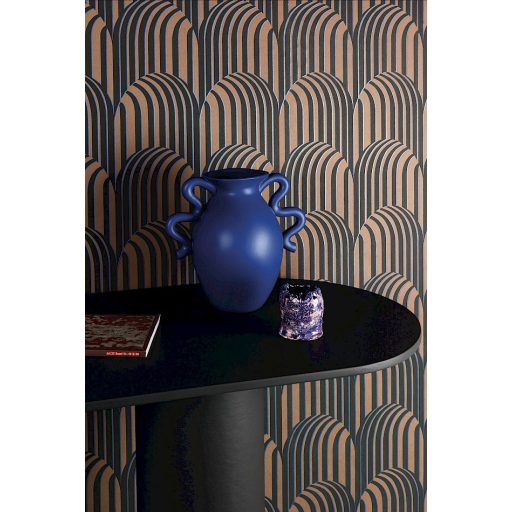 Optikai illúzió! Kontrasztos fényű finom árnyékolású 3D Art deco bronzos-barna antracit és fénylő kék tónus tapéta