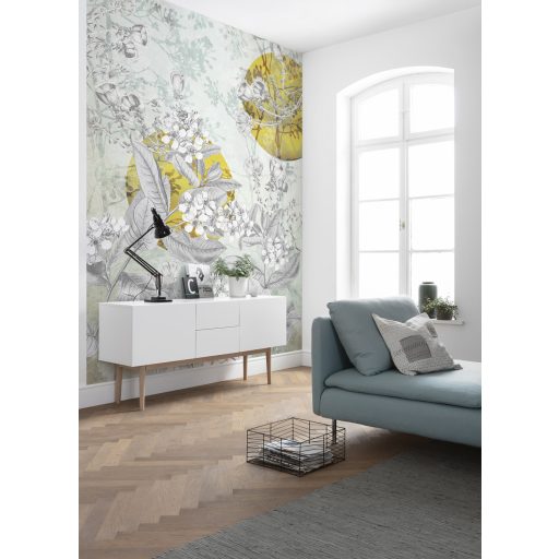 Vers a falra! Finom levelek és virágindák aranyszínű napokkal költői kollázs zöld szürke fehér napsárga tónusok falpanel/digitális nyomat