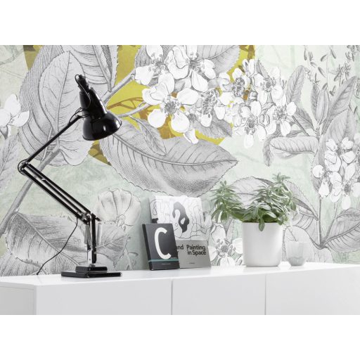 Vers a falra! Finom levelek és virágindák aranyszínű napokkal költői kollázs zöld szürke fehér napsárga tónusok falpanel/digitális nyomat