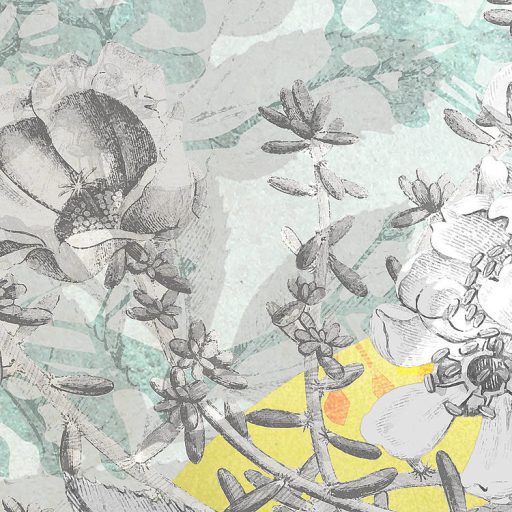 Vers a falra! Finom levelek és virágindák aranyszínű napokkal költői kollázs zöld szürke fehér napsárga tónusok falpanel/digitális nyomat