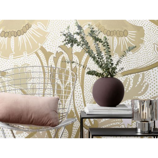 Nagyformátumú íves rajzolatú virágos díszítőminta krém bézs aranysárga barna és halvány lila tónusok falpanel/digitális nyomat