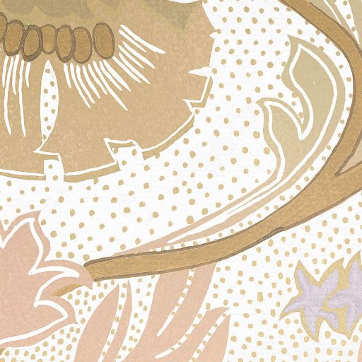 Nagyformátumú íves rajzolatú virágos díszítőminta krém bézs aranysárga barna és halvány lila tónusok falpanel/digitális nyomat