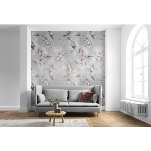 Ikonikus japandi motívum - Koi pontyok nagy nyüzsgése a tóban szürke rózsaszín barna fehér zöld és lila falpanel/digitális nyomat