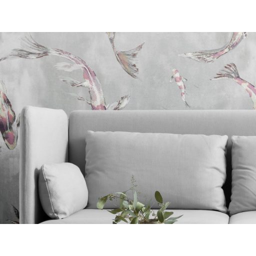 Ikonikus japandi motívum - Koi pontyok nagy nyüzsgése a tóban szürke rózsaszín barna fehér zöld és lila falpanel/digitális nyomat