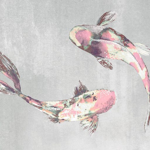 Ikonikus japandi motívum - Koi pontyok nagy nyüzsgése a tóban szürke rózsaszín barna fehér zöld és lila falpanel/digitális nyomat