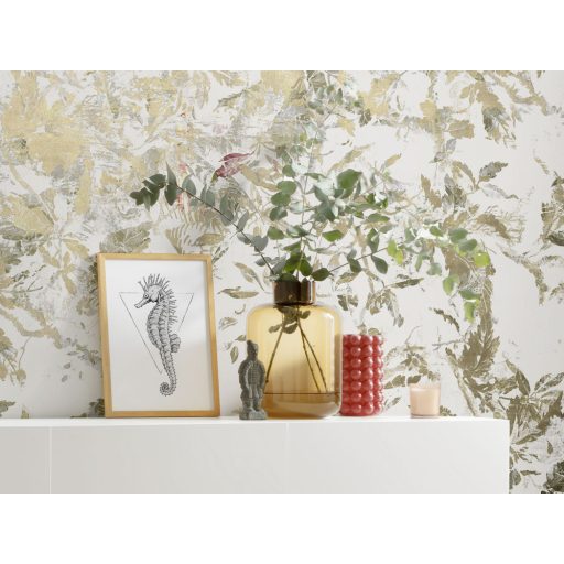 Filigrán levelek és aranyszínű tollak fimom kollázsa krém bézs arany szürke barna vörös zöld és sárga falpanel/digitális nyomat