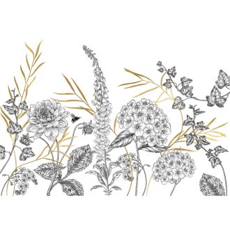   Nektárra szomjazó nyári virágok között portyázó méhek fehér fekete és arany tónusok falpanel/digitális nyomat