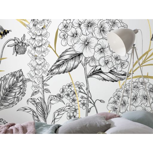 Nektárra szomjazó nyári virágok között portyázó méhek fehér fekete és arany tónusok falpanel/digitális nyomat