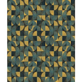   Négyzetekbe zárt változatos körívek félkörök geometrikus minta 3D kék sötétkék és aranysárga tónus fémes hatás