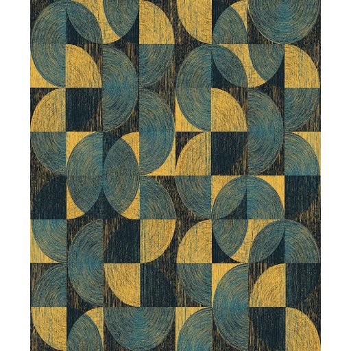 Négyzetekbe zárt változatos körívek félkörök geometrikus minta 3D kék sötétkék és aranysárga tónus fémes hatás