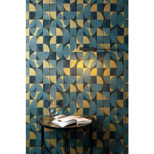 Négyzetekbe zárt változatos körívek félkörök geometrikus minta 3D kék sötétkék és aranysárga tónus fémes hatás