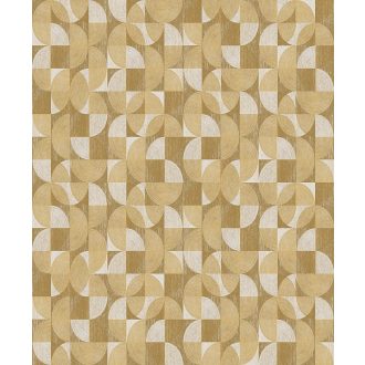   Négyzetekbe zárt változatos körívek félkörök geometrikus minta 3D bézs sárga és sárgásbarna tónus fémes hatás tapéta