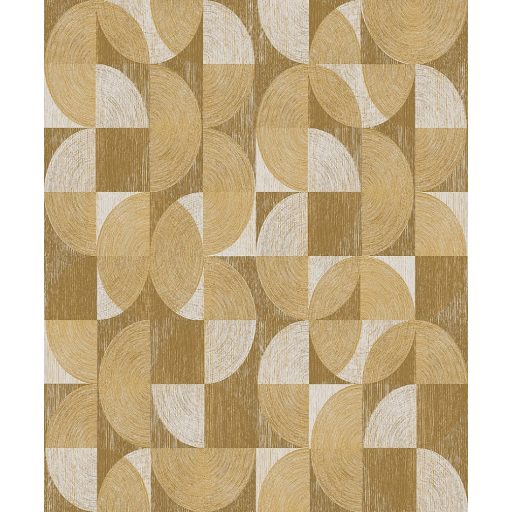 Négyzetekbe zárt változatos körívek félkörök geometrikus minta 3D bézs sárga és sárgásbarna tónus fémes hatás tapéta