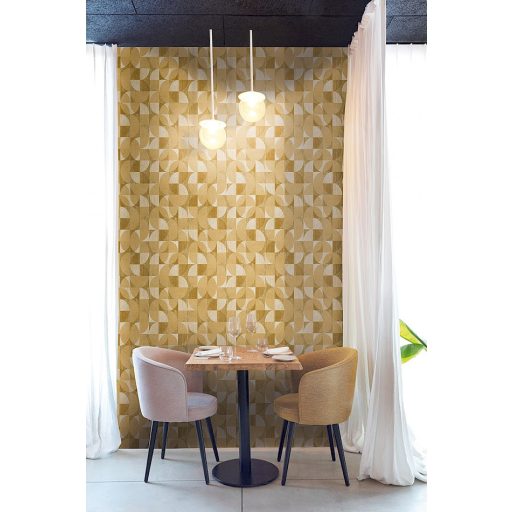 Négyzetekbe zárt változatos körívek félkörök geometrikus minta 3D bézs sárga és sárgásbarna tónus fémes hatás tapéta