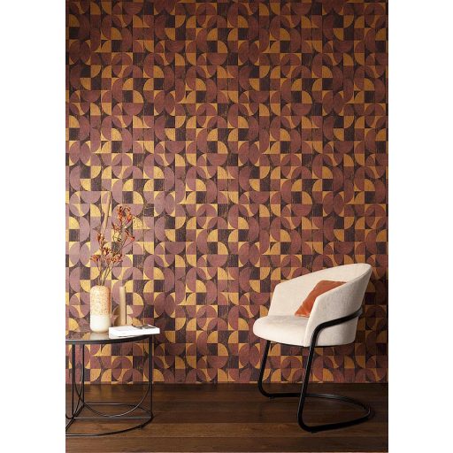 Négyzetekbe zárt változatos körívek félkörök geometrikus minta 3D fekete barna vörös és arany fémes hatás tapéta