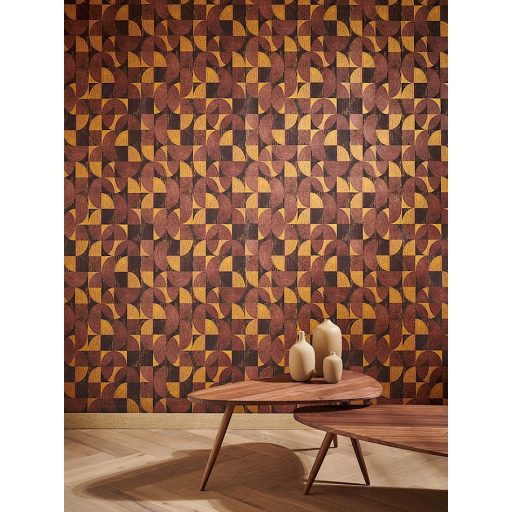 Négyzetekbe zárt változatos körívek félkörök geometrikus minta 3D fekete barna vörös és arany fémes hatás tapéta