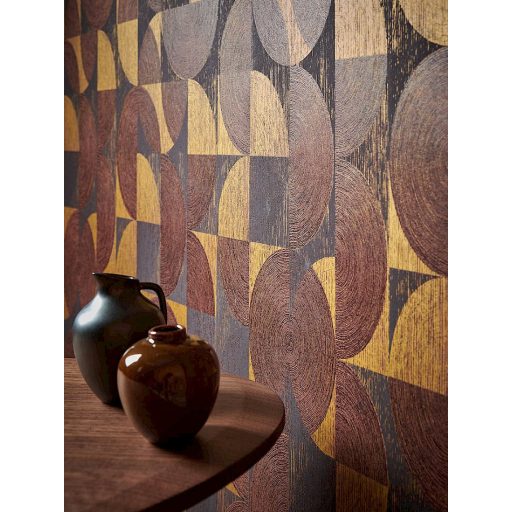 Négyzetekbe zárt változatos körívek félkörök geometrikus minta 3D fekete barna vörös és arany fémes hatás tapéta