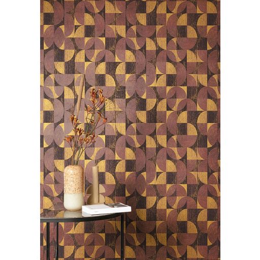 Négyzetekbe zárt változatos körívek félkörök geometrikus minta 3D fekete barna vörös és arany fémes hatás tapéta