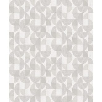   Négyzetekbe zárt változatos körívek félkörök geometrikus minta 3D krémszürke bézs szürkésbézs és ezüst tónus fémes hatás tapéta