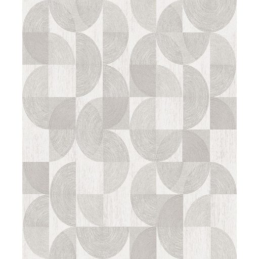 Négyzetekbe zárt változatos körívek félkörök geometrikus minta 3D krémszürke bézs szürkésbézs és ezüst tónus fémes hatás tapéta