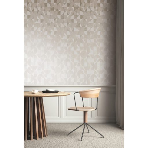 Négyzetekbe zárt változatos körívek félkörök geometrikus minta 3D krémszürke bézs szürkésbézs és ezüst tónus fémes hatás tapéta