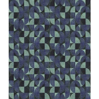   Négyzetekbe zárt változatos körívek félkörök geometrikus minta 3D sarki kék fekete és zöld/türkiz tónus fémes hatás tapéta