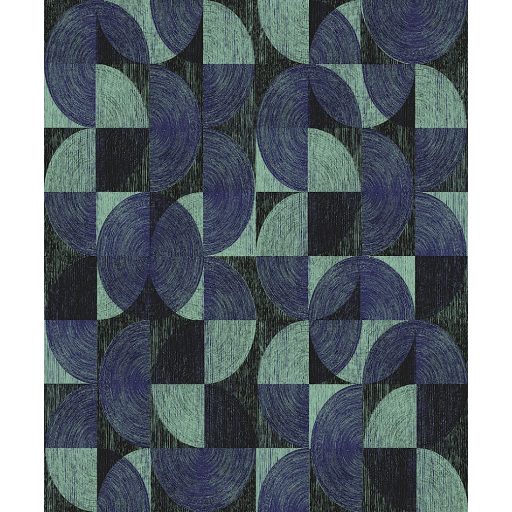 Négyzetekbe zárt változatos körívek félkörök geometrikus minta 3D sarki kék fekete és zöld/türkiz tónus fémes hatás tapéta