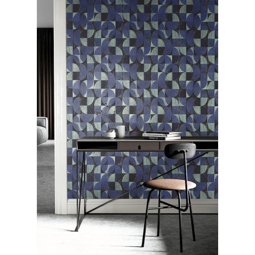 Négyzetekbe zárt változatos körívek félkörök geometrikus minta 3D sarki kék fekete és zöld/türkiz tónus fémes hatás tapéta