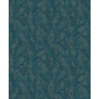   Egyedi szizálfonallal készült levélmintás fali dekoráció petrol fekete és arany tónus fémes hatás tapéta