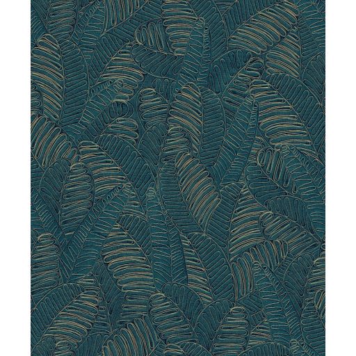 Egyedi szizálfonallal készült levélmintás fali dekoráció petrol fekete és arany tónus fémes hatás tapéta