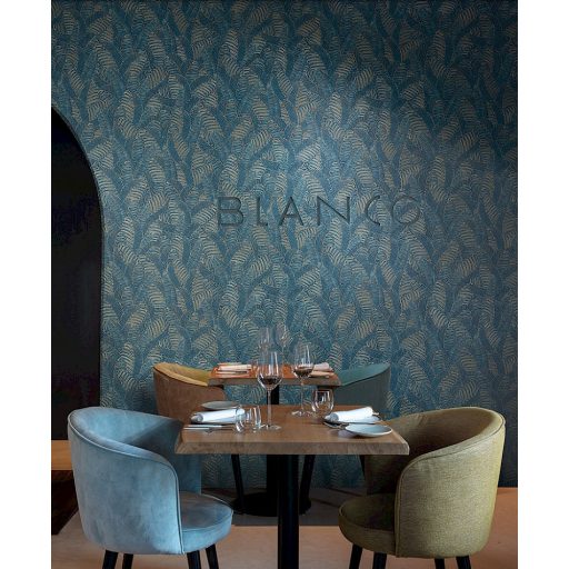 Egyedi szizálfonallal készült levélmintás fali dekoráció petrol fekete és arany tónus fémes hatás tapéta