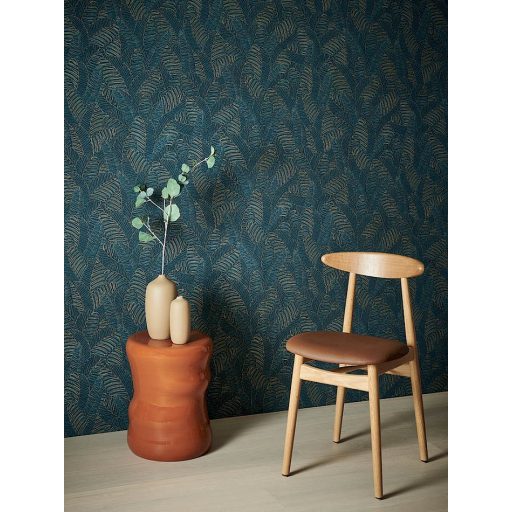 Egyedi szizálfonallal készült levélmintás fali dekoráció petrol fekete és arany tónus fémes hatás tapéta