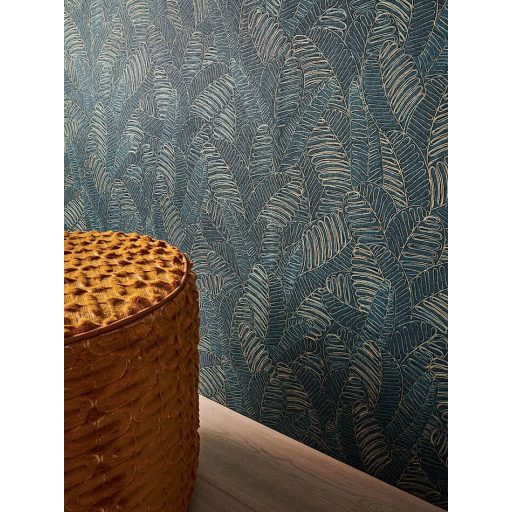 Egyedi szizálfonallal készült levélmintás fali dekoráció petrol fekete és arany tónus fémes hatás tapéta