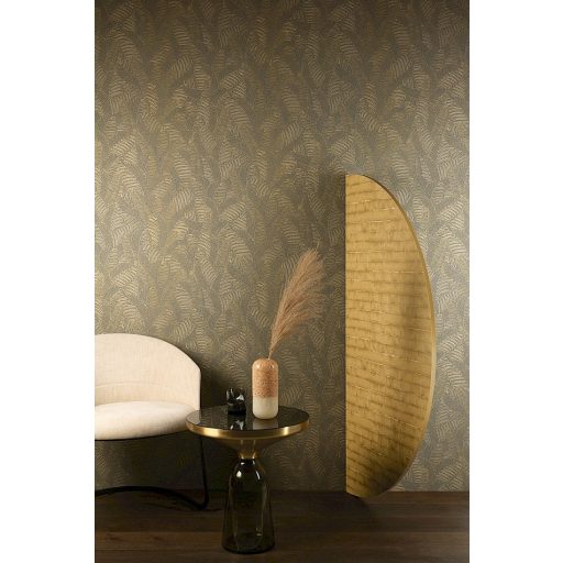 Egyedi szizálfonallal készült levélmintás fali dekoráció sárgászöld aranysárga és krém tónus fémes hatás tapéta