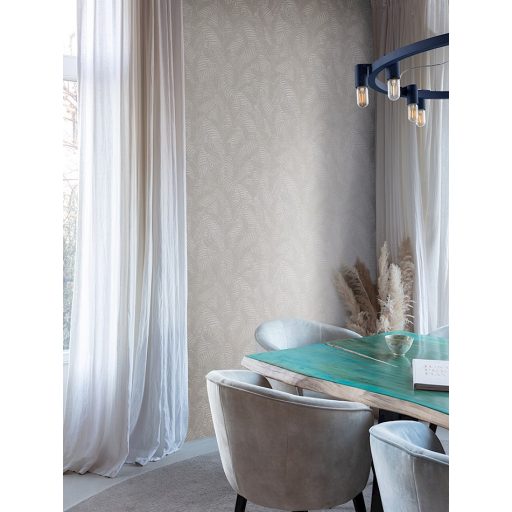 Egyedi szizálfonallal készült levélmintás fali dekoráció szürke és törtfehér tónus fémes hatás tapéta