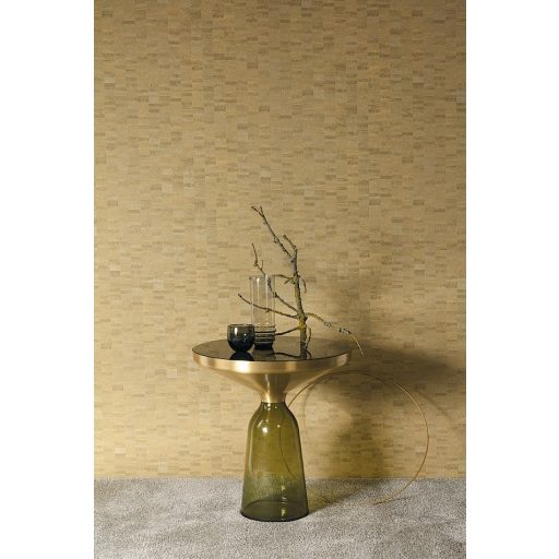 Váltakozó fa keresztmetszetek egyedi mozaik mintázata sárga zöldessárga arany és zöldarany tónus fémes hatás tapéta